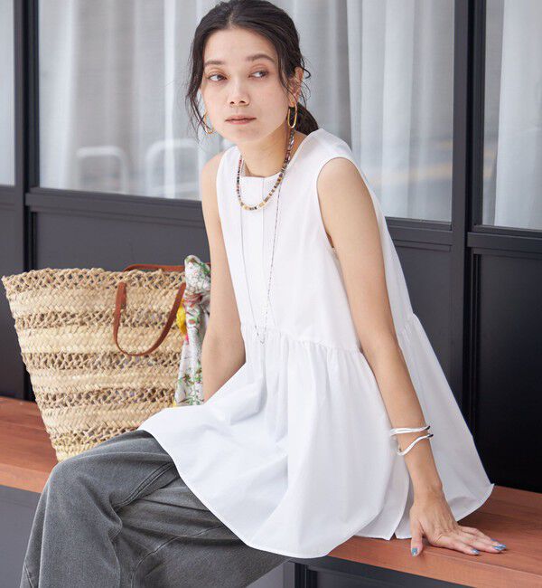 SHIPS for women「〈接触冷感 / 撥水加工〉TEX BRID(R)タフタ ギャザー ノースリーブ ブラウス」|シャツ・ブラウス|