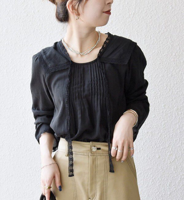 SHIPS any「SHIPS any:〈洗濯機可能〉コットン モス セーラー カラー レース ブラウス」|シャツ・ブラウス|ブラック