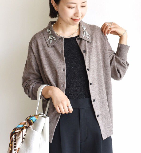 SHIPS for women「【WEB限定】〈手洗い可能〉ビーズ 刺しゅう 襟付 ニット カーディガン」|カーディガン|ベージュ