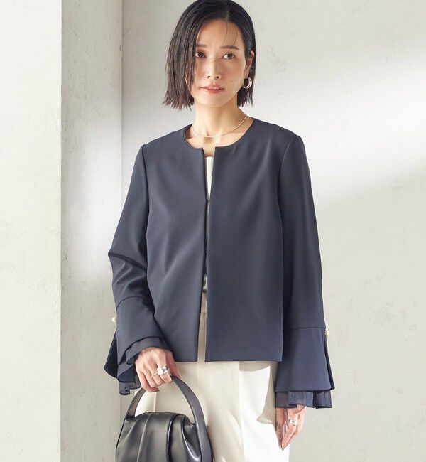 SHIPS for women「ダブル クロス 重ね袖 ノーカラー ジャケット（セレモニー対応可）」|ノーカラージャケット|