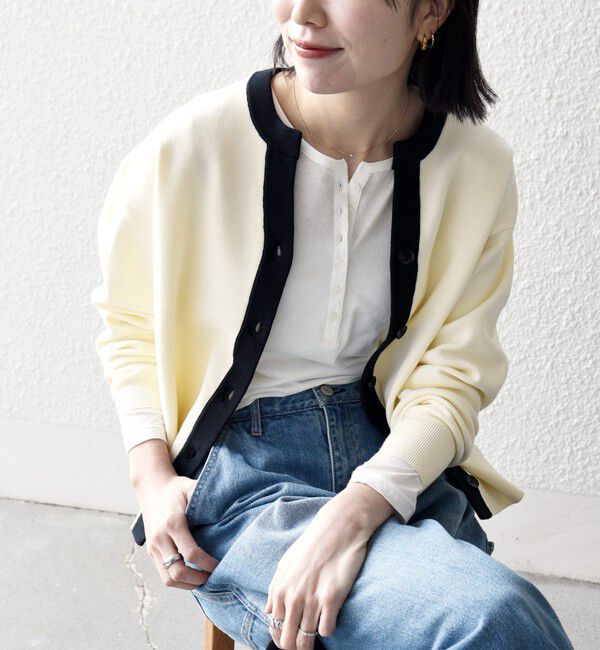 SHIPS any「SHIPS any:〈手洗い可能〉バイカラー スキッパー ニット カーディガン」|カーディガン|オフホワイト