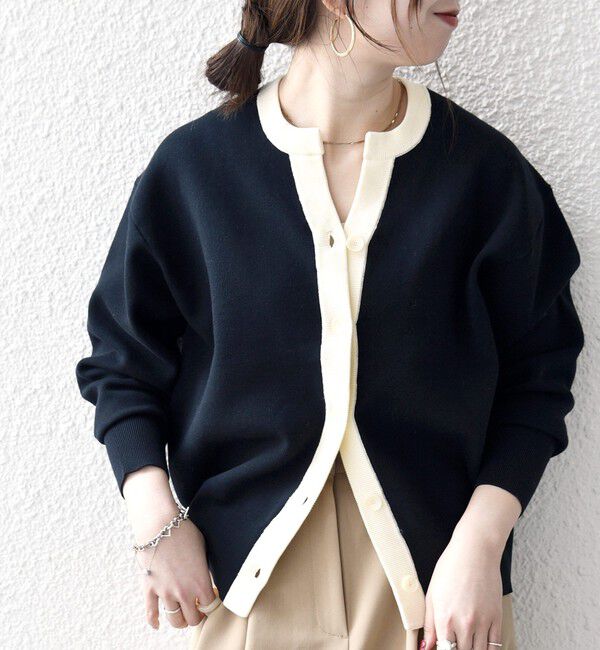 SHIPS any「SHIPS any:〈手洗い可能〉バイカラー スキッパー ニット カーディガン」|カーディガン|ネイビー