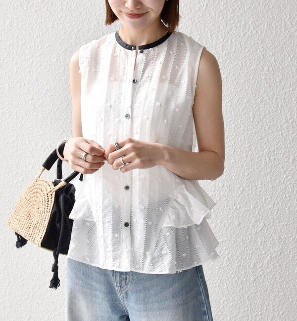 SHIPS any「《予約》SHIPS any:〈洗濯機可能〉ドット ジャカード フリル ノースリーブ シャツ ブラウス」|シャツ・ブラウス|