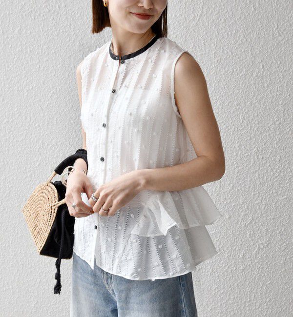 SHIPS any「《予約》SHIPS any:〈洗濯機可能〉ドット ジャカード フリル ノースリーブ シャツ ブラウス」|シャツ・ブラウス|