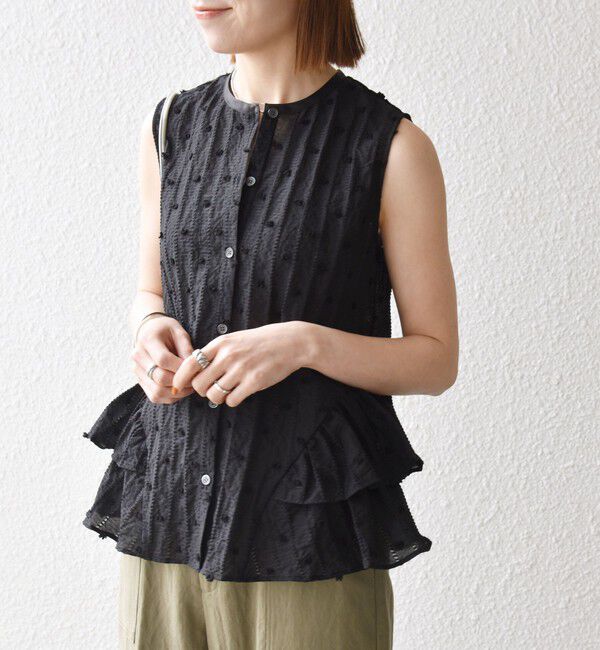 SHIPS any「《予約》SHIPS any:〈洗濯機可能〉ドット ジャカード フリル ノースリーブ シャツ ブラウス」|シャツ・ブラウス|