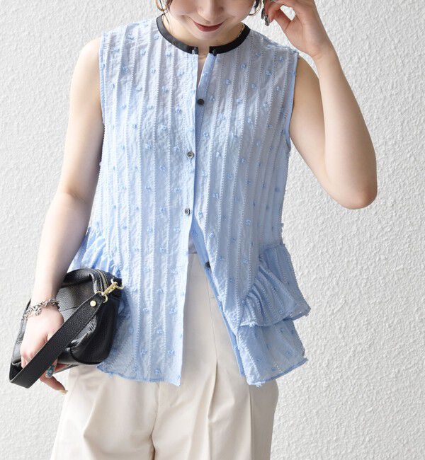 SHIPS any「《予約》SHIPS any:〈洗濯機可能〉ドット ジャカード フリル ノースリーブ シャツ ブラウス」|シャツ・ブラウス|