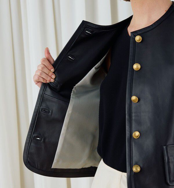 DES PRES「ラムレザー クルーネックジャケット」|ノーカラージャケット|