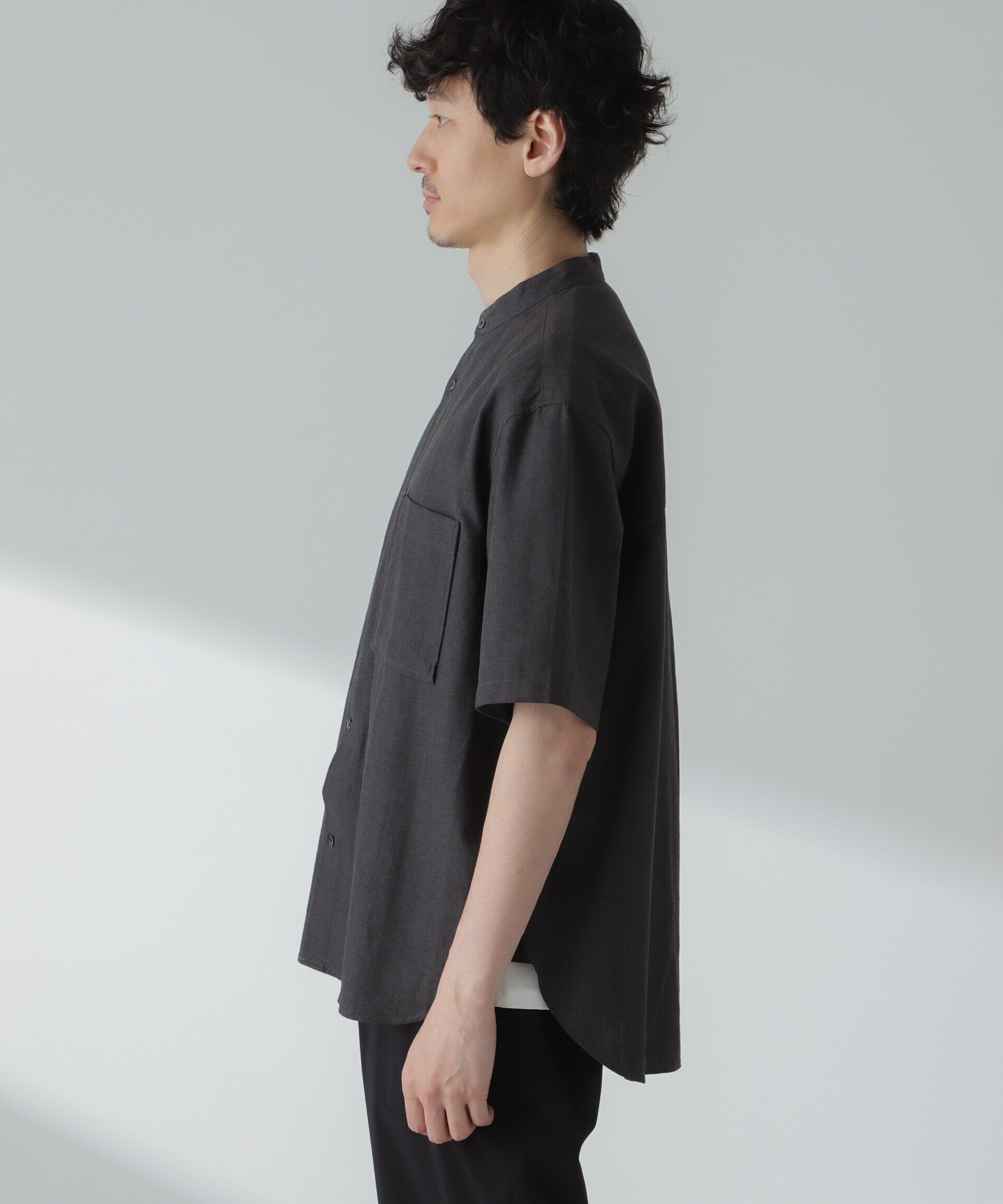 nano･universe「リネンコットンヘリンボーンバンドカラーシャツ」|シャツ・ブラウス|