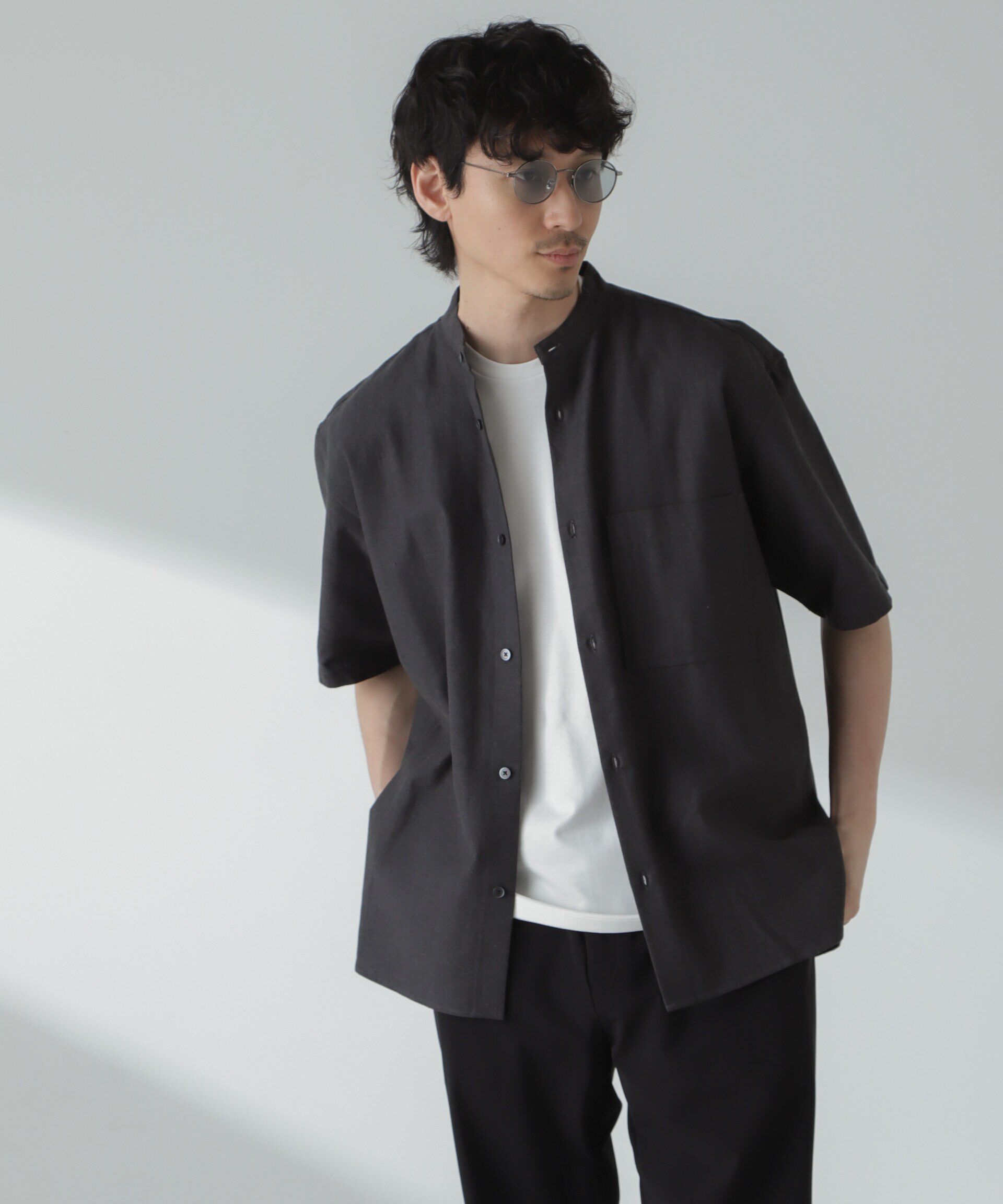 nano･universe「リネンコットンヘリンボーンバンドカラーシャツ」|シャツ・ブラウス|