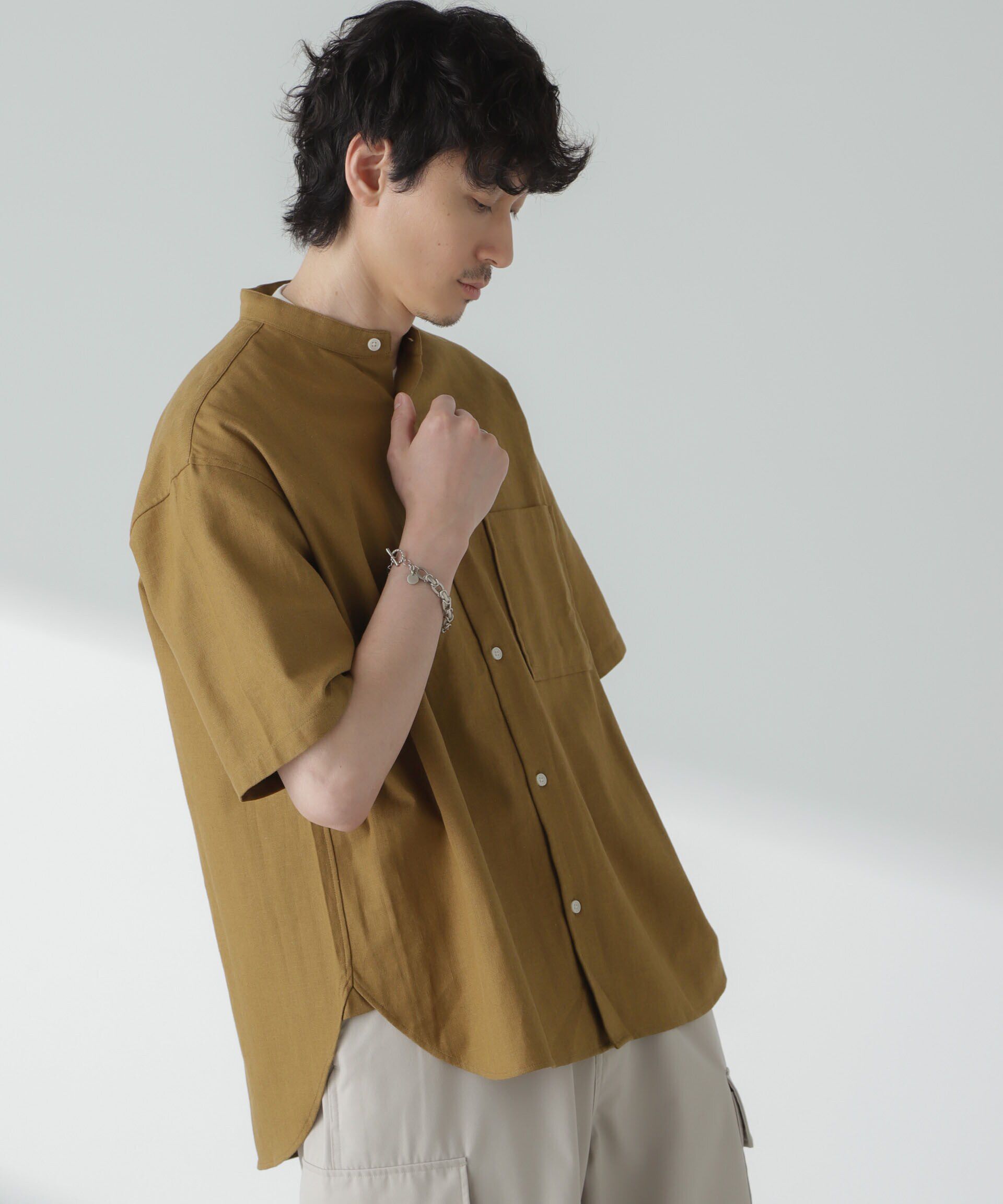 nano･universe「リネンコットンヘリンボーンバンドカラーシャツ」|シャツ・ブラウス|