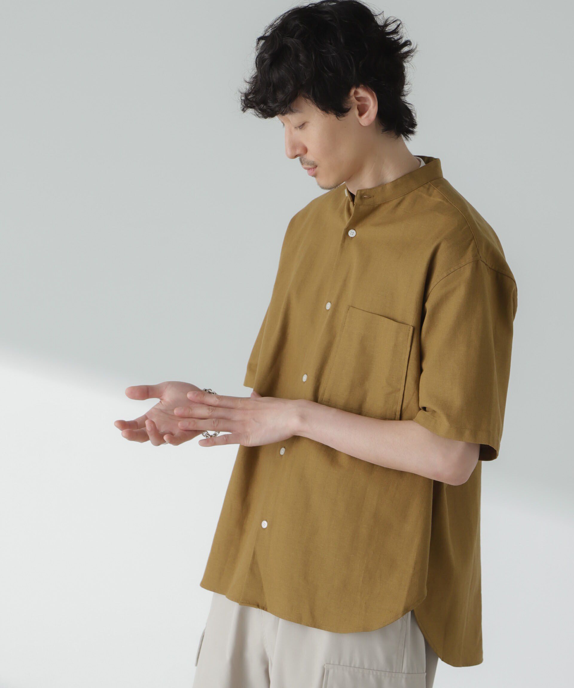 nano･universe「リネンコットンヘリンボーンバンドカラーシャツ」|シャツ・ブラウス|