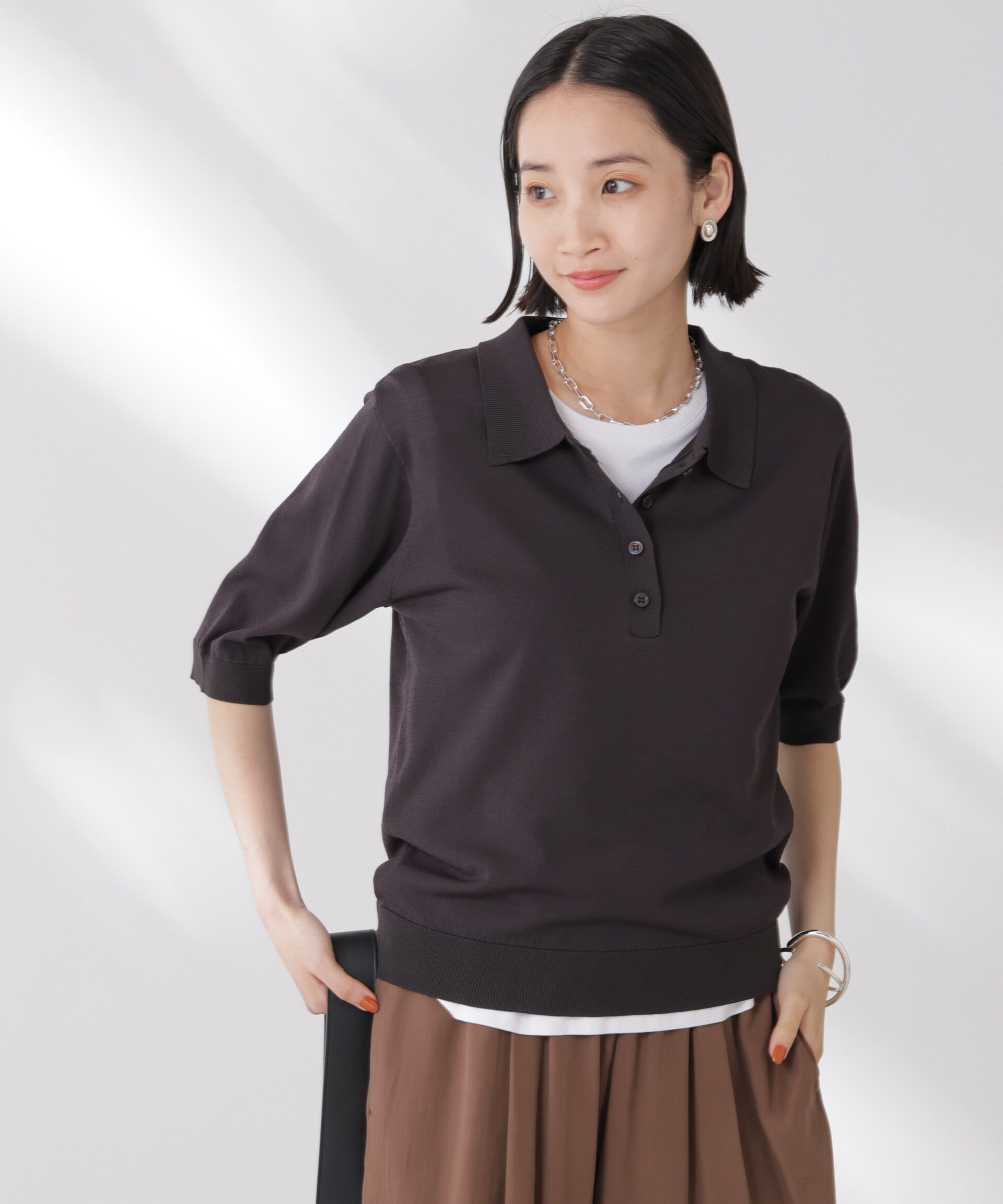 nano･universe「多機能強撚ポロニットトップス」|ニット・セーター|チャコール3