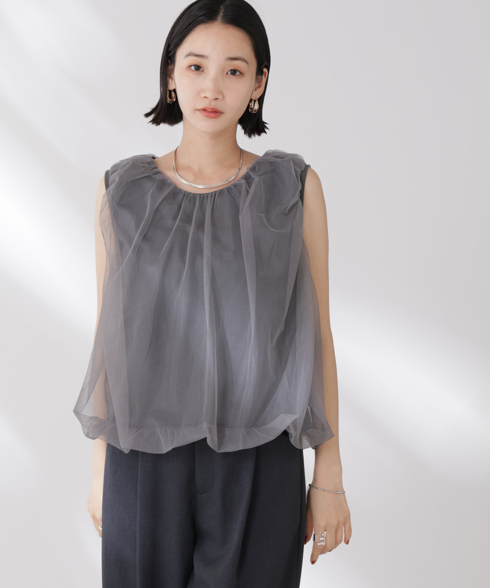 nano･universe「チュールレイヤードコクーンシルエットトップス」|Tシャツ・カットソー|チャコール3