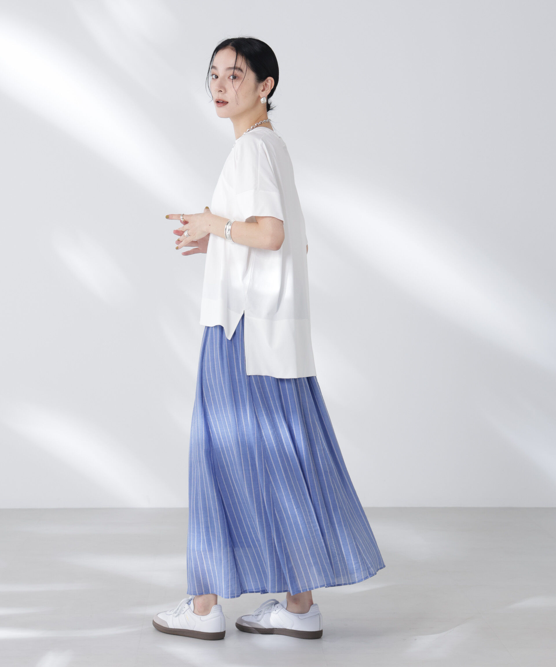 nano･universe「シアーストライプギャザーフレアスカート(セットアップ可)」|スカート|