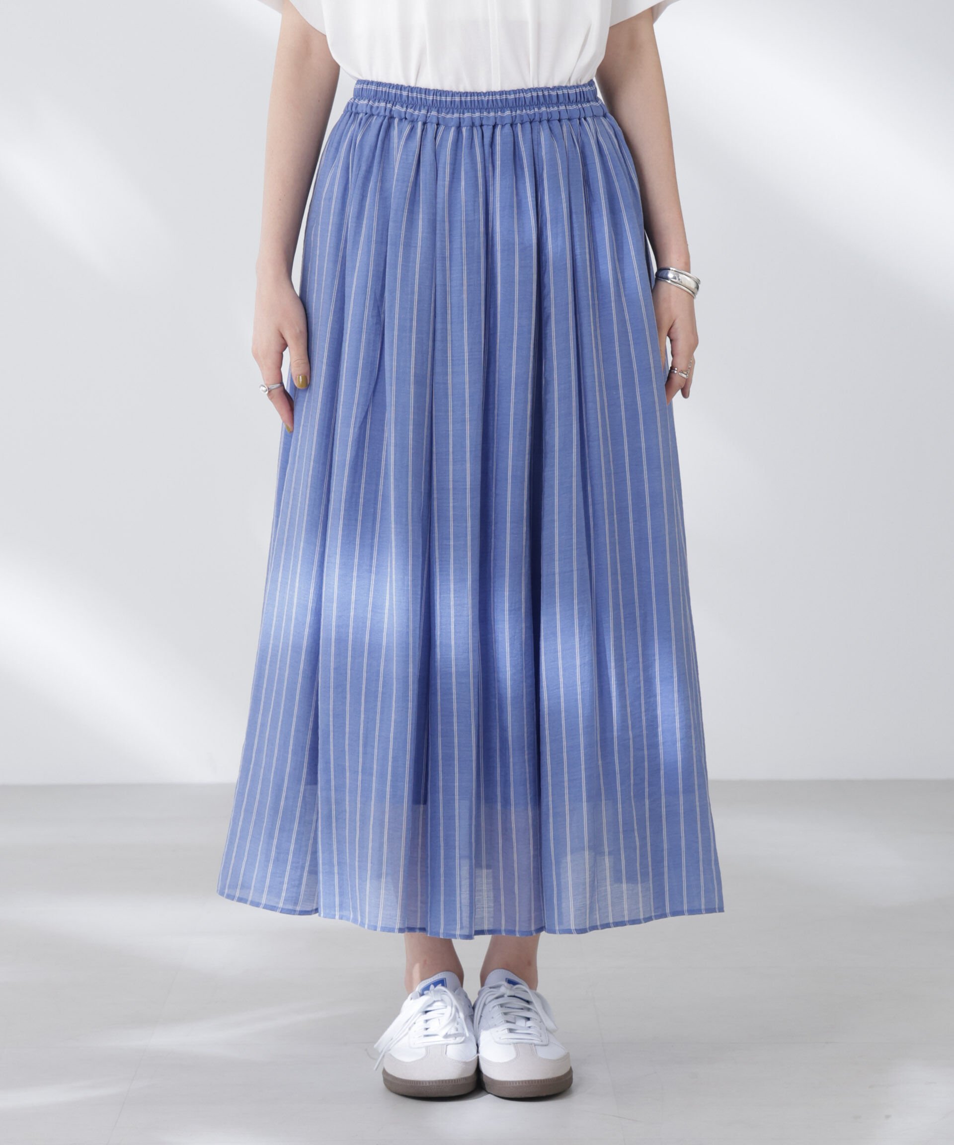 nano･universe「シアーストライプギャザーフレアスカート(セットアップ可)」|スカート|