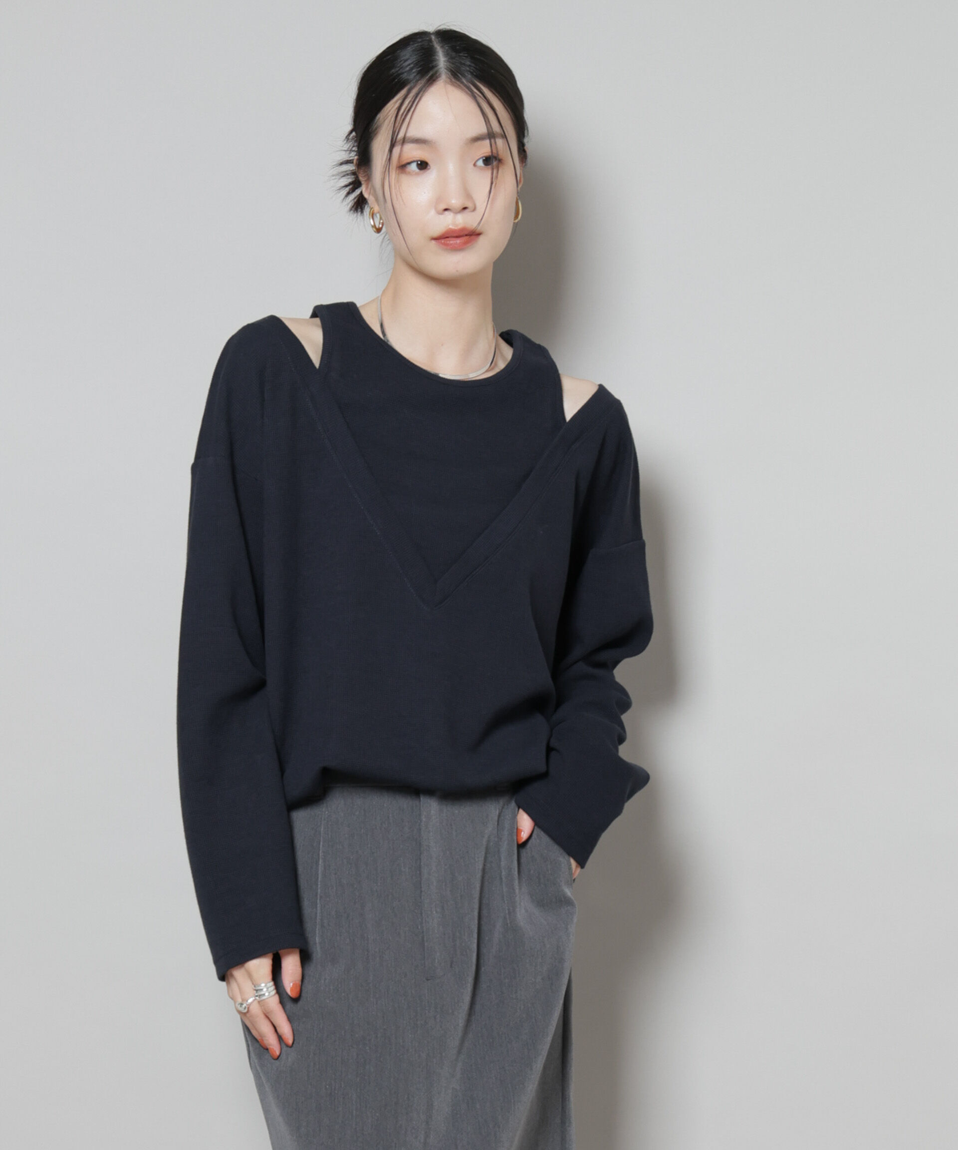 nano･universe「フェイクレイヤードワッフルカットトップス」|Tシャツ・カットソー|D.ネイビー1