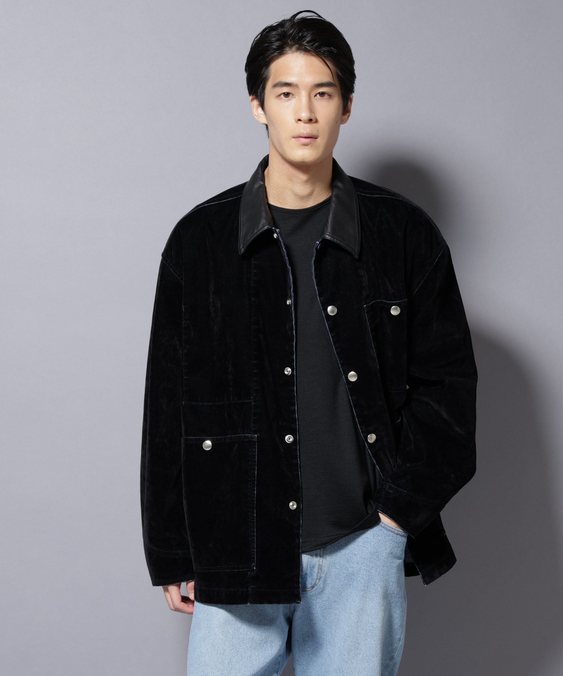 nano･universe「フロッキーデニム オーバージャケット」|ブルゾン・スタジャン|ブラック