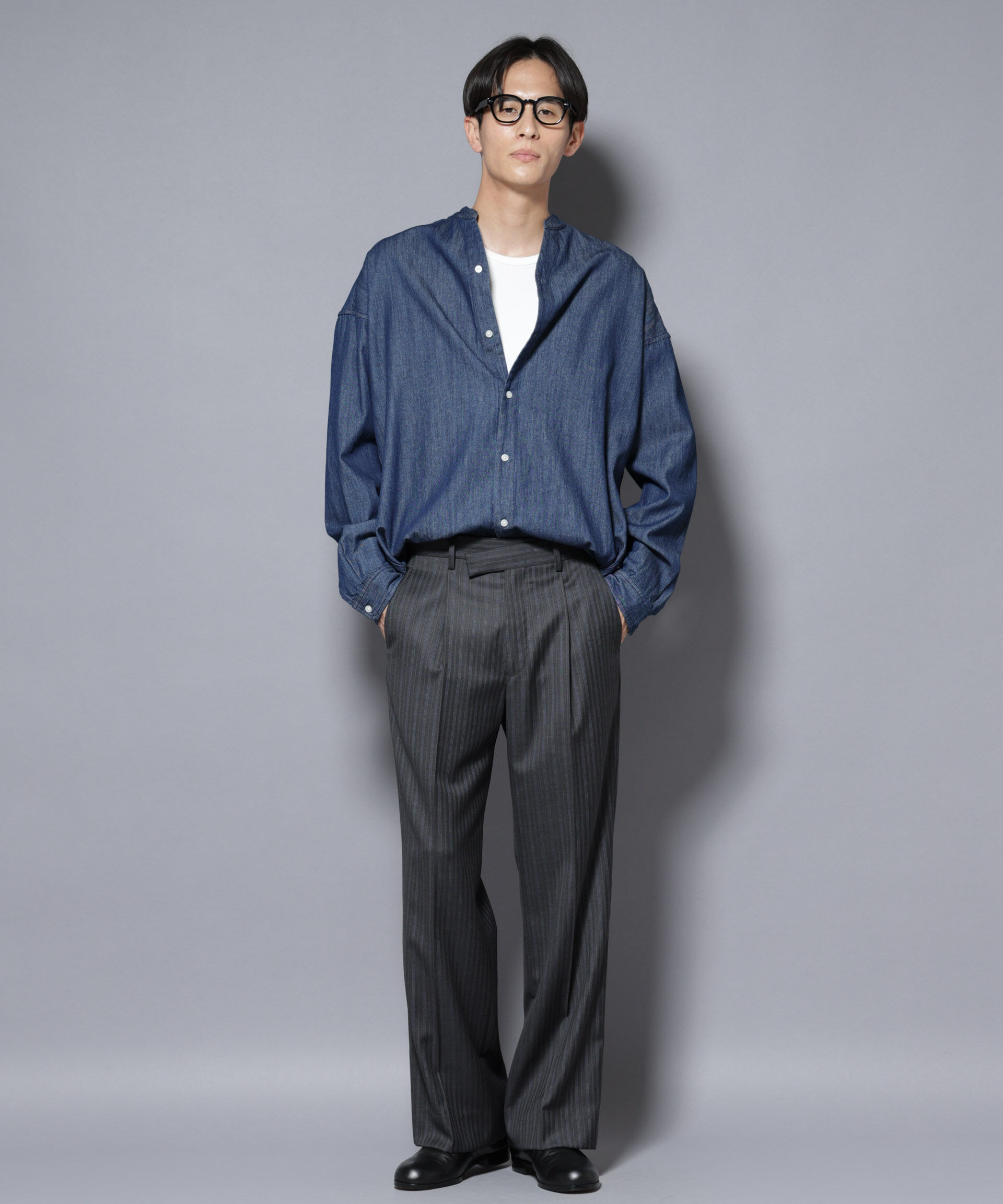 nano･universe「「大人のワイドシャツ」バンドカラーデニム 長袖」|シャツ・ブラウス|