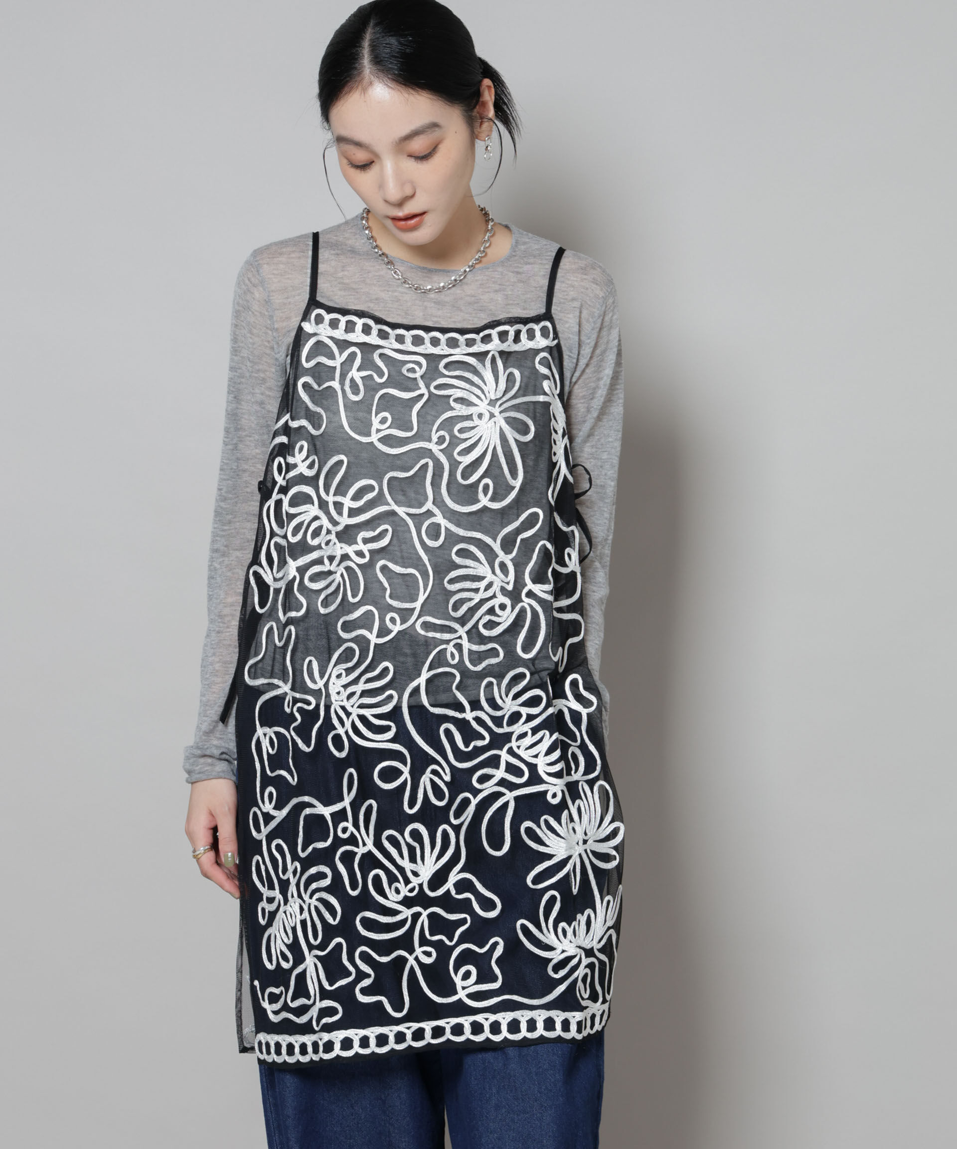 nano･universe「Sara mallika/TULLETAPEEMBRIODERY CAMI DRESS」|ワンピース|ブラック