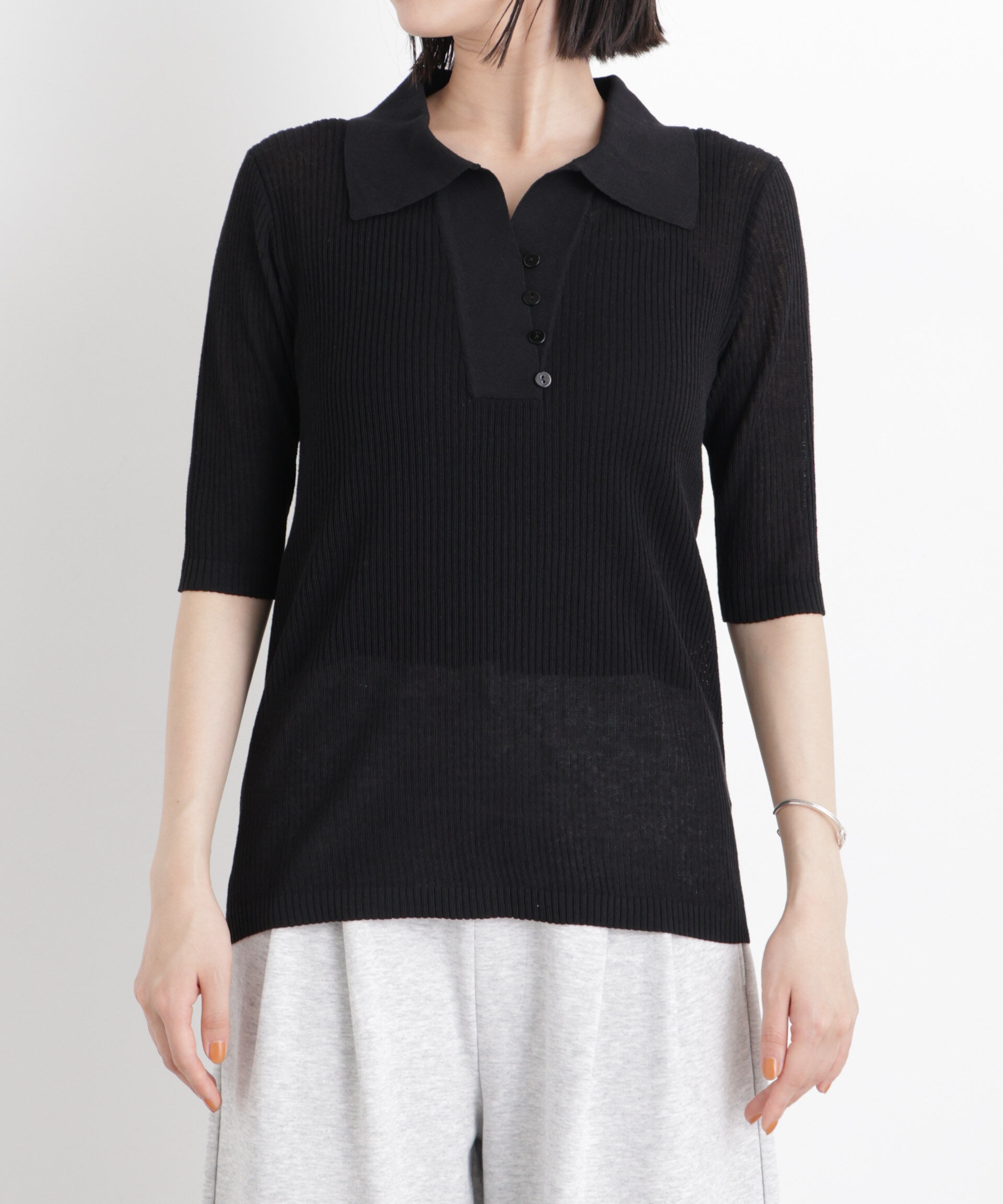 nano･universe「ソフトシアーランダムリブ衿付きニット」|ニット・セーター|