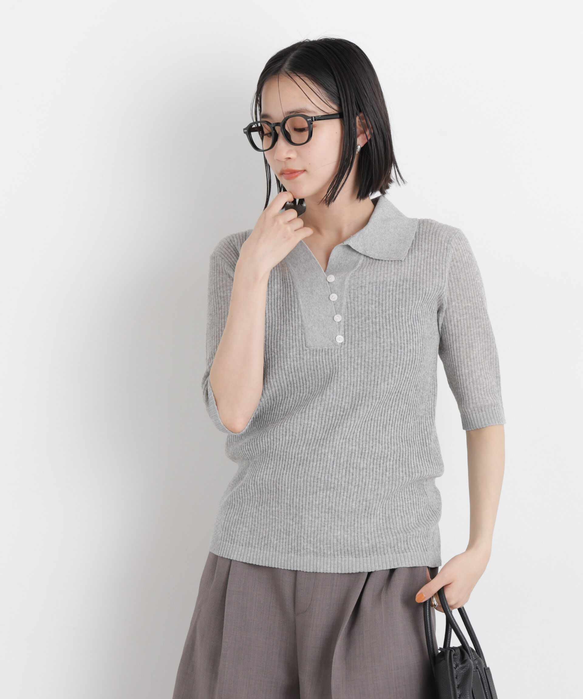 nano･universe「ソフトシアーランダムリブ衿付きニット」|ニット・セーター|