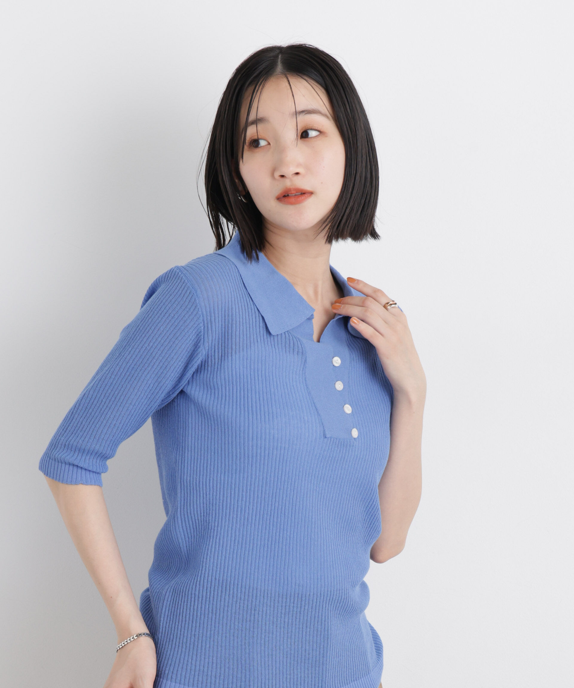 nano･universe「ソフトシアーランダムリブ衿付きニット」|ニット・セーター|