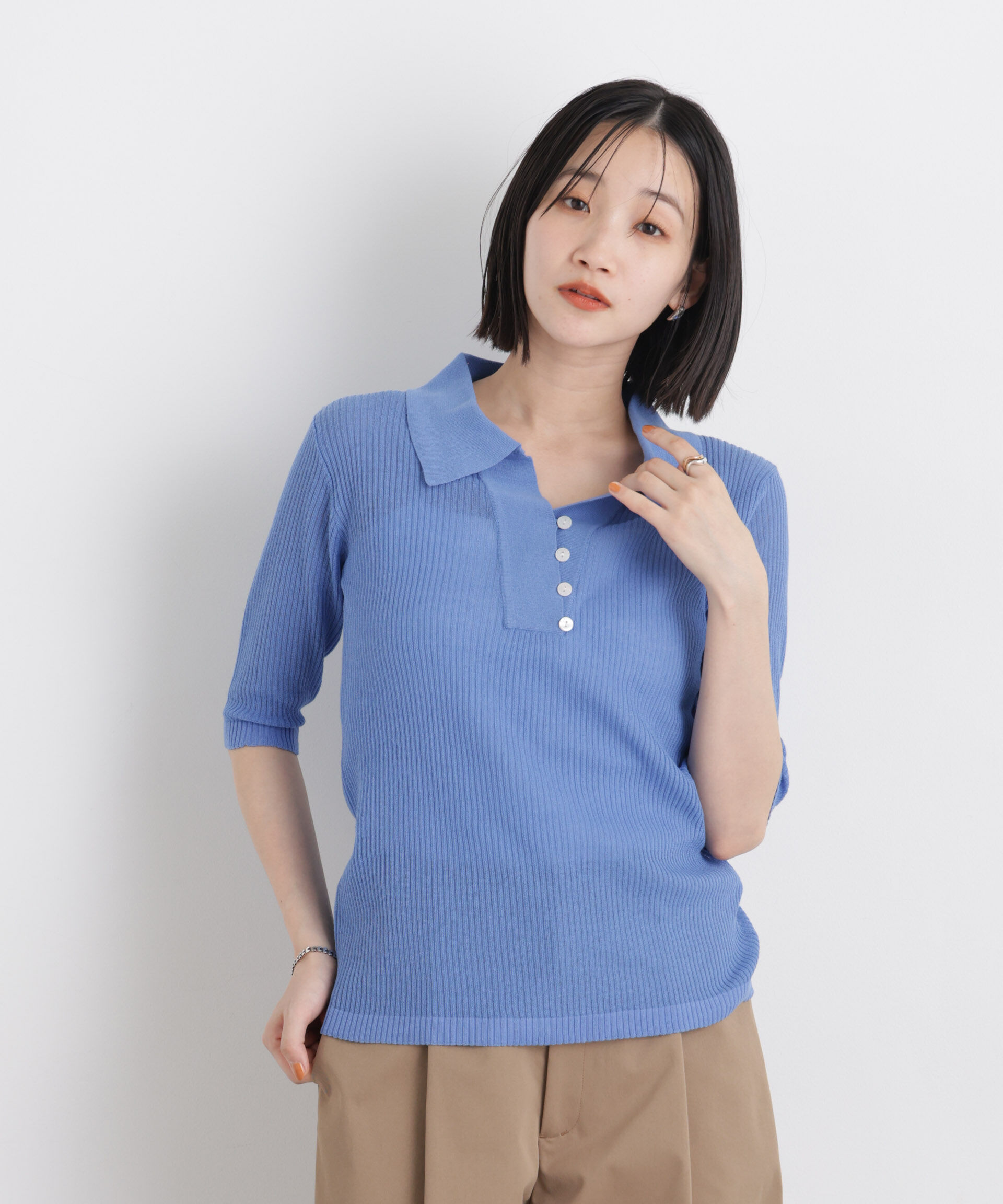 nano･universe「ソフトシアーランダムリブ衿付きニット」|ニット・セーター|