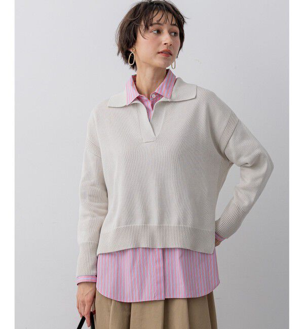 23区「コットンギマ スキッパー ニット」|ニット・セーター|ベージュ系