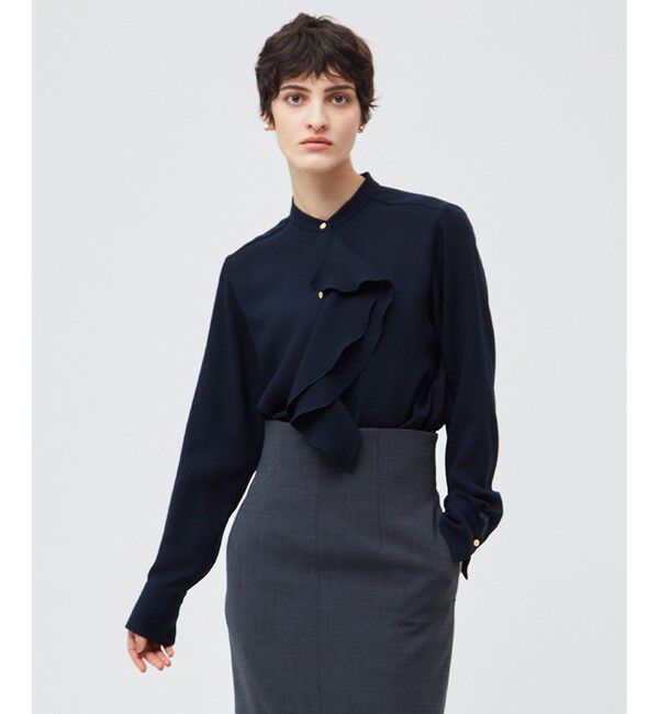BEIGE,「【洗える】STOW / バンドカラーフリルブラウス」|シャツ・ブラウス|Navy