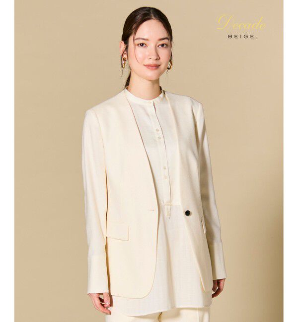 BEIGE,「CAROLE / リネンライクノーカラーハーフ丈ジャケット」|ノーカラージャケット|Ecru