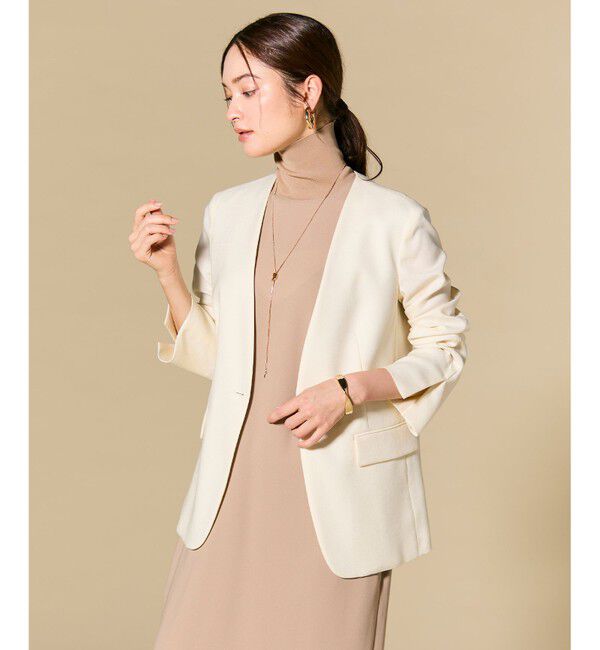 BEIGE,「CAROLE / リネンライクノーカラーハーフ丈ジャケット」|ノーカラージャケット|
