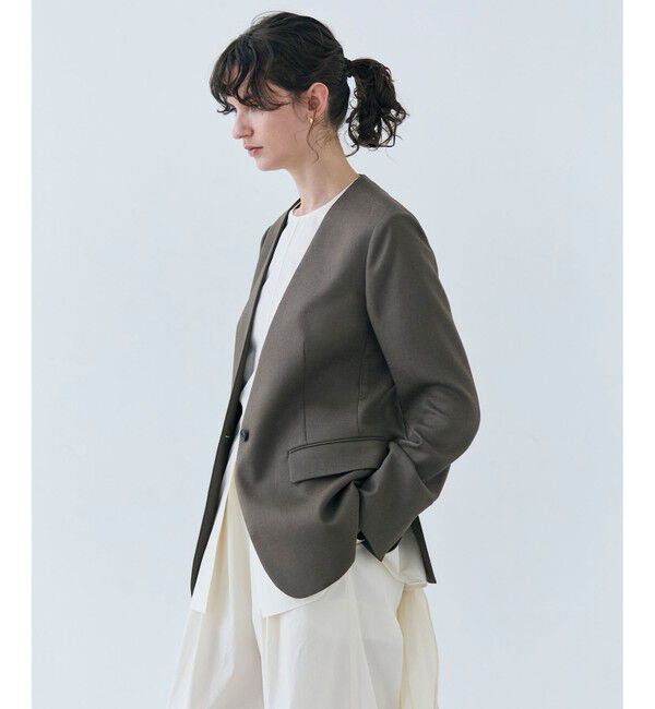 BEIGE,「CAROLE / リネンライクノーカラーハーフ丈ジャケット」|ノーカラージャケット|