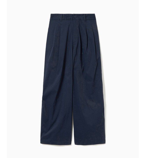 LACOSTE「ウエストギャザーストレッチ ダブルタックワイドパンツ」|チノ|ネイビー