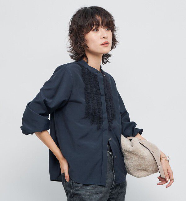 NOLLEY'S「ウォッシャブル前チュールフリルブラウス」|シャツ・ブラウス|ネイビー