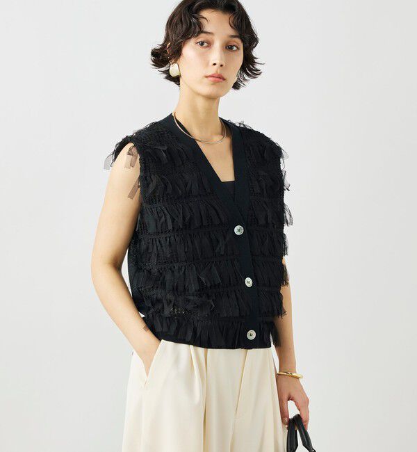 NOLLEY'S「《手洗い可能》チュールフリンジVネックベスト」|ベスト・ジレ|