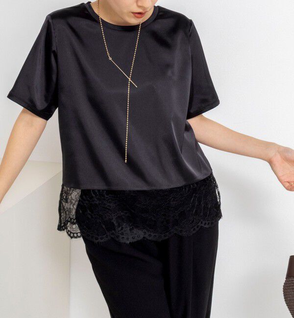 NOLLEY'S「ウォッシャブル裾レースオトナサテンＴシャツ」|シャツ・ブラウス|ブラック