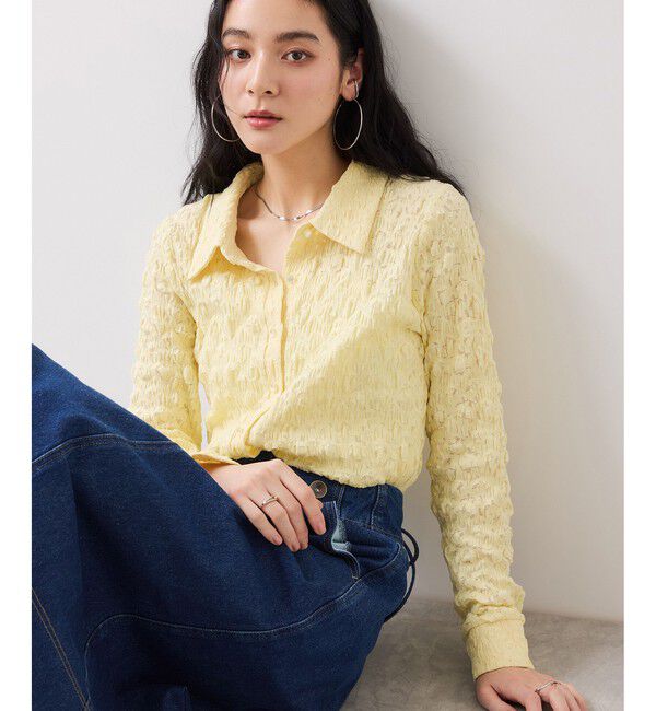 VIS「ストレッチレースジャガード衿付きカーディガン」|カーディガン|イエロー(80)