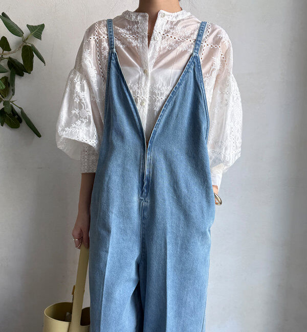  「細紐デニムフロントジップサロペット」|ワンピース|