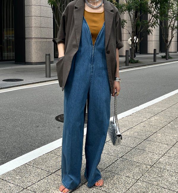  「細紐デニムフロントジップサロペット」|ワンピース|ブルー