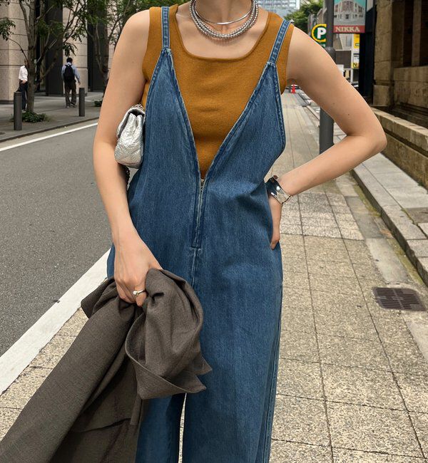  「細紐デニムフロントジップサロペット」|ワンピース|