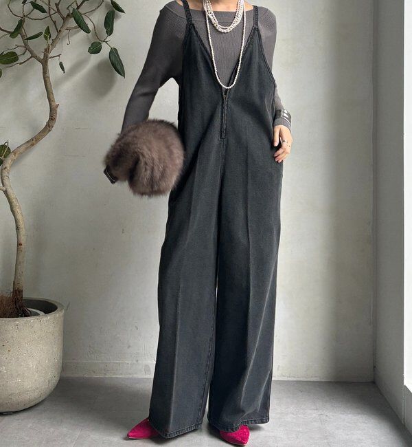  「細紐デニムフロントジップサロペット」|ワンピース|ブラック