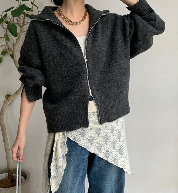  「【WEB限定】ダブルジップニットブルゾン」|カーディガン|ブラック