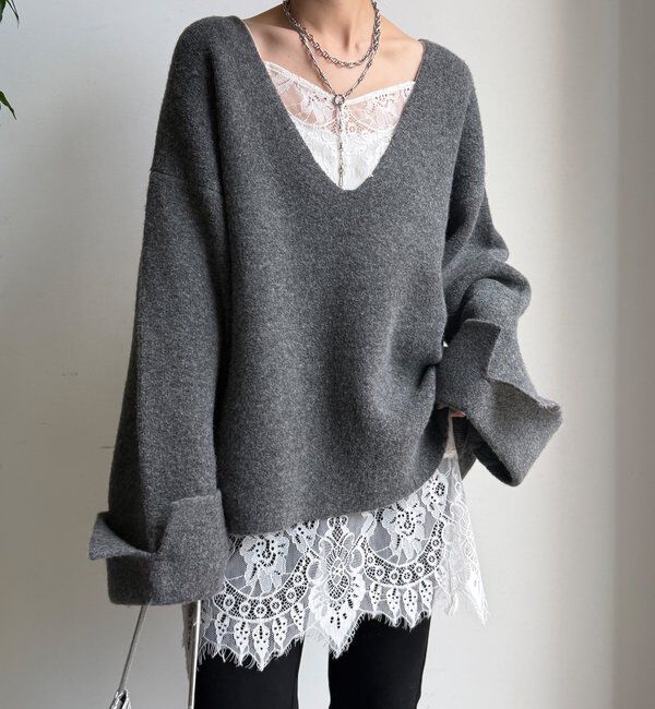  「【WEB限定】深Vワイドスリーブプルオーバー」|ニット・セーター|チャコールグレー