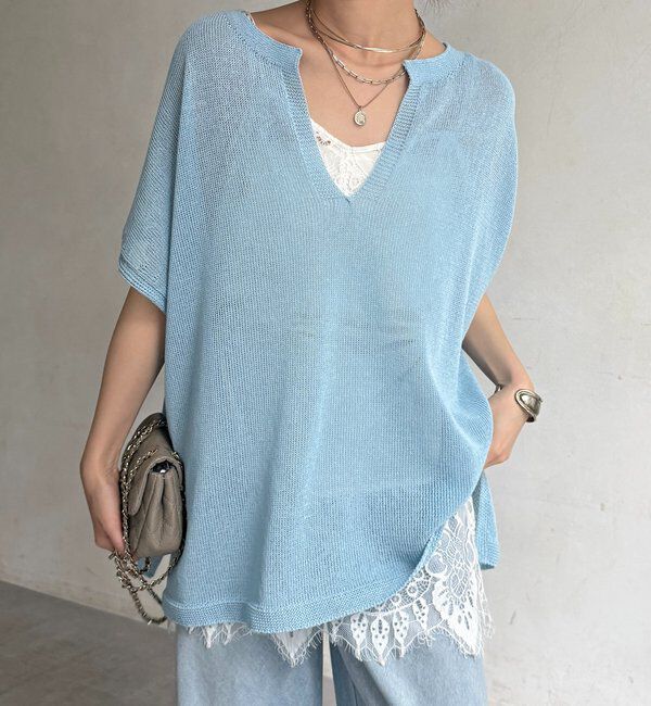  「ペーパーヤーンキーネックプルオーバー」|ニット・セーター|ブルー