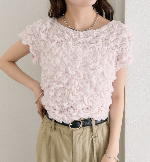  「ふわふわシャーリングTシャツ」|Tシャツ・カットソー|ピンク