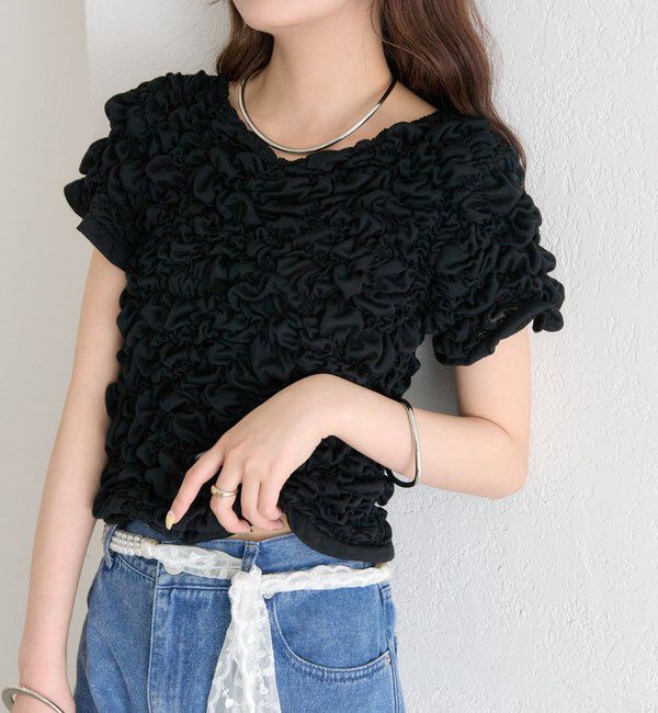  「ふわふわシャーリングTシャツ」|Tシャツ・カットソー|ブラック