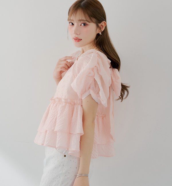  「【SALON by Chico】デザインパフ袖バックリボンペプラムブラウス」|シャツ・ブラウス|