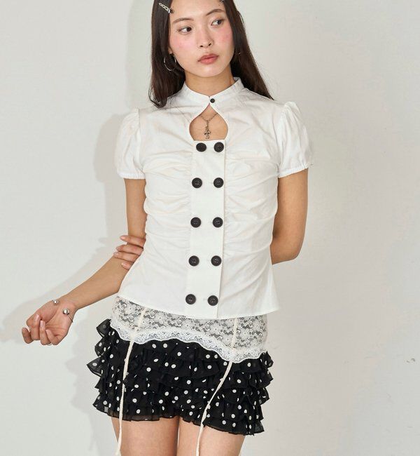  「Wボタンギャザーブラウス(ドット柄・無地)」|シャツ・ブラウス|オフホワイト