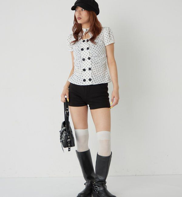  「Wボタンギャザーブラウス(ドット柄・無地)」|シャツ・ブラウス|