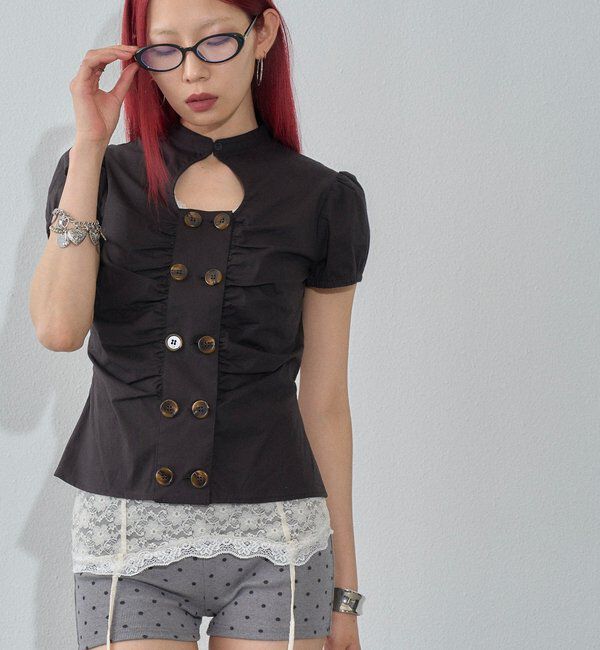  「Wボタンギャザーブラウス(ドット柄・無地)」|シャツ・ブラウス|